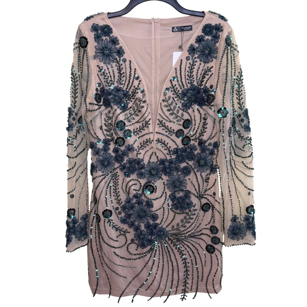 Anewsta Floral Sequin Mesh Mini Dress Tan Green Size Large Glam Party Cocktail